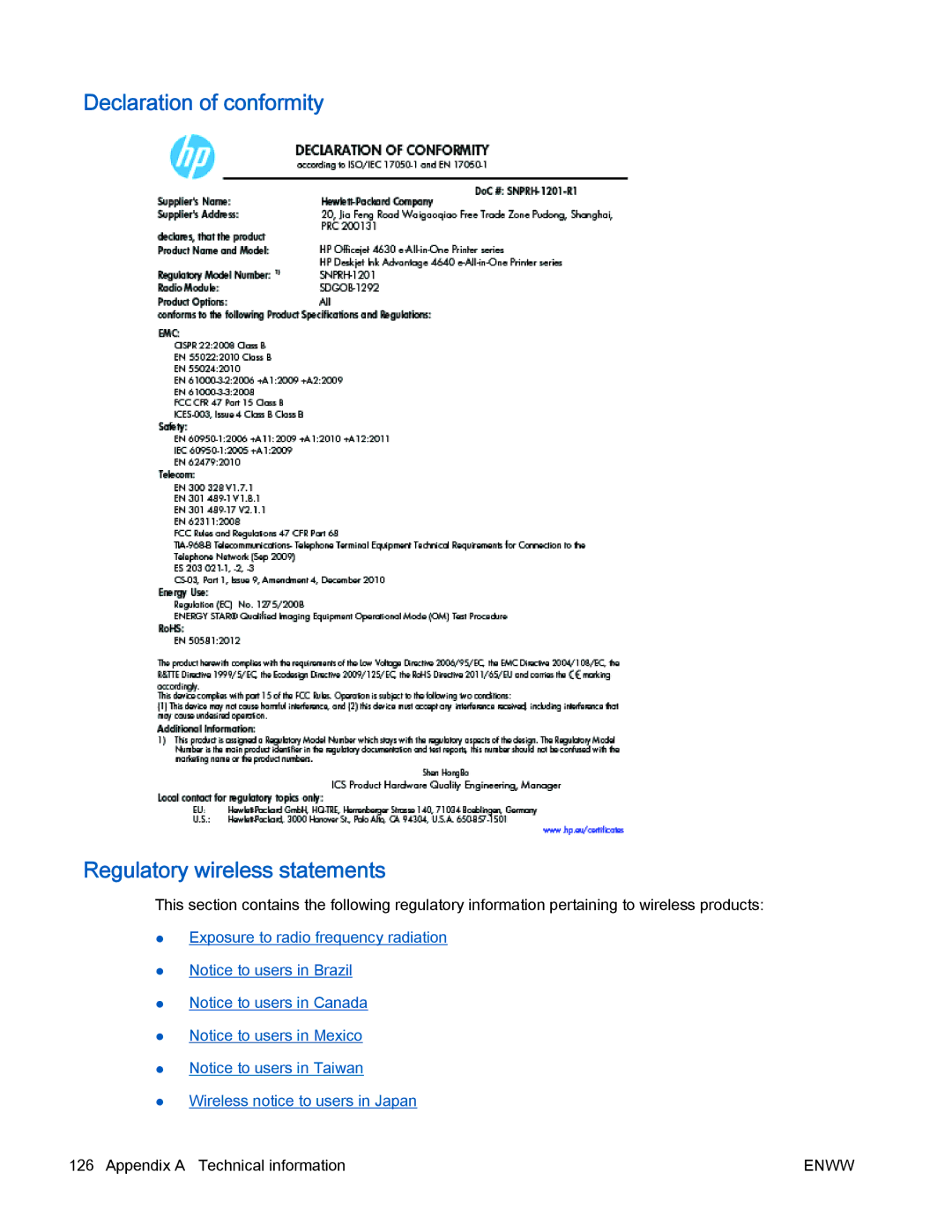 HP 4630 e manual Declaration of conformity Regulatory wireless statements 