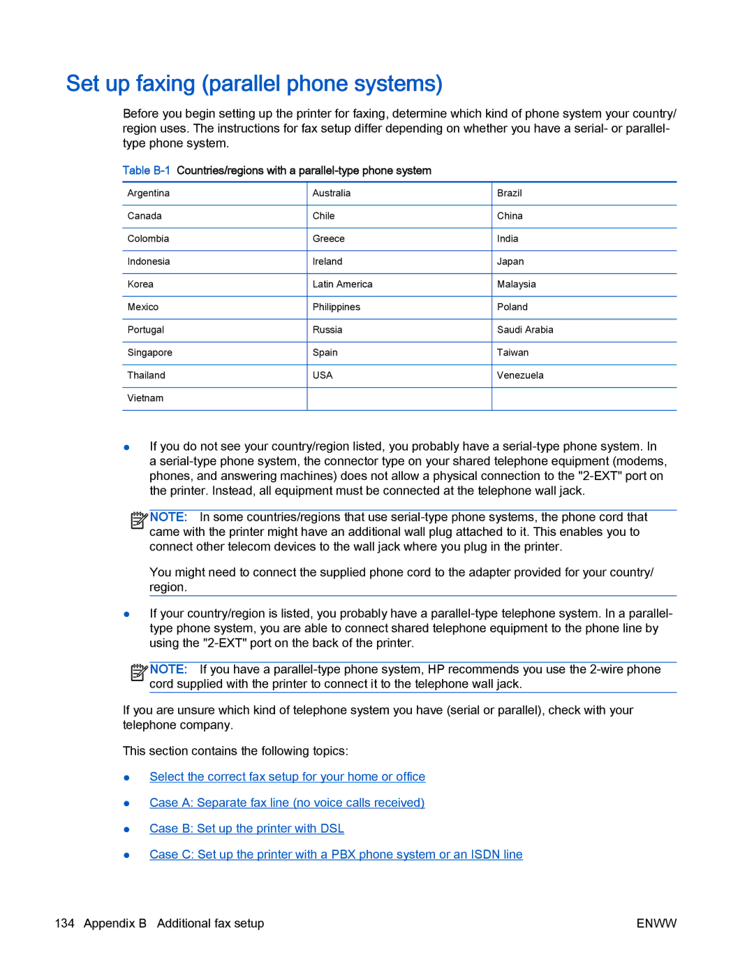 HP 4630 e manual Set up faxing parallel phone systems, Countries/regions with a parallel-type phone system 