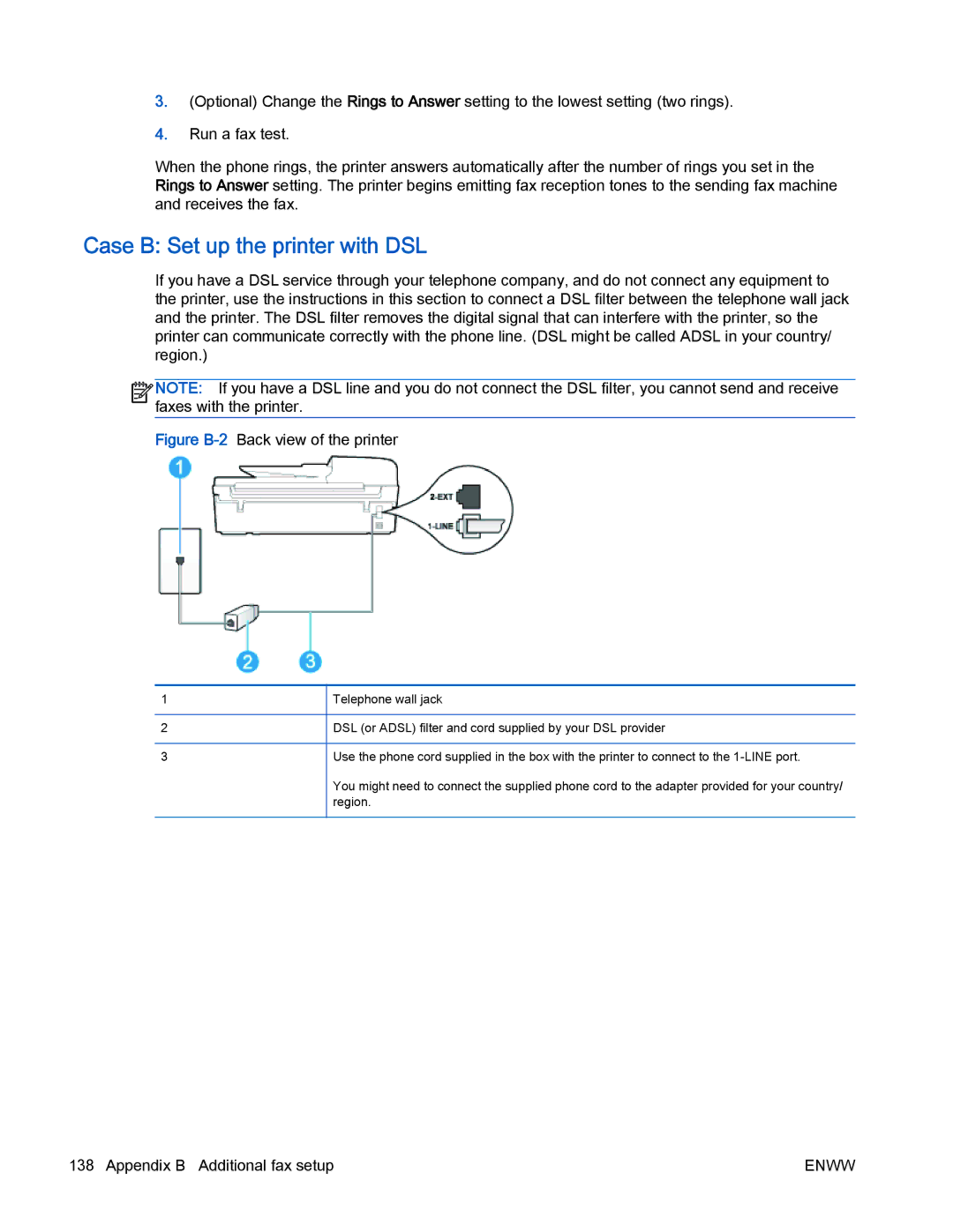 HP 4630 e manual Case B Set up the printer with DSL, Figure B-2Back view of the printer 