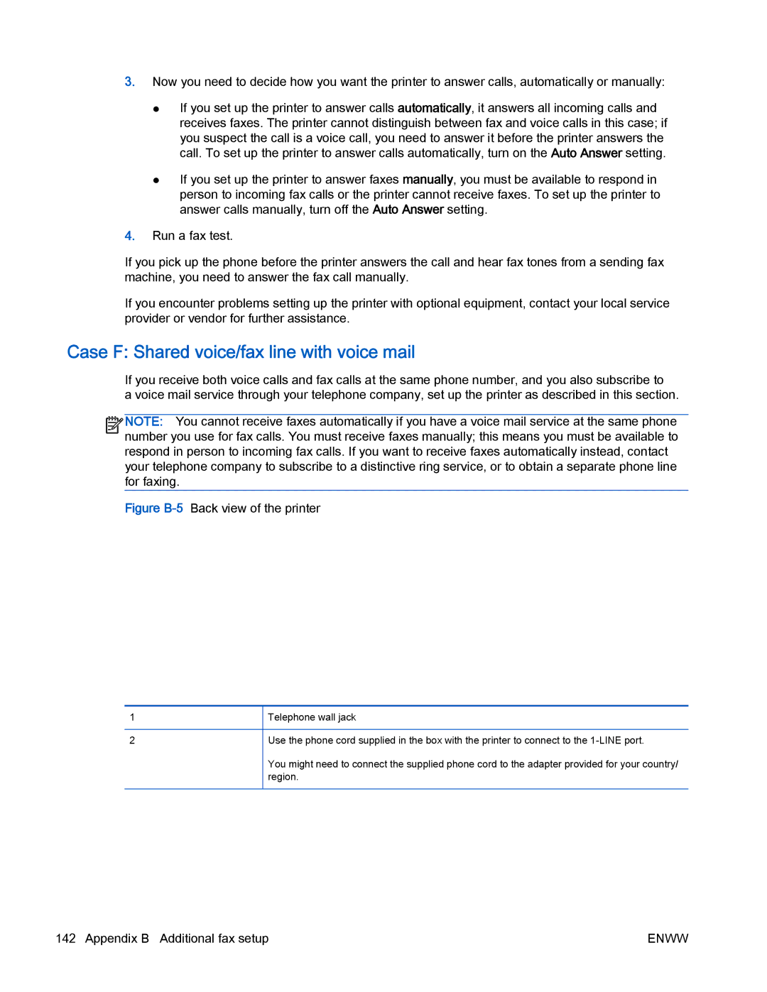 HP 4630 e manual Case F Shared voice/fax line with voice mail, Figure B-5Back view of the printer 