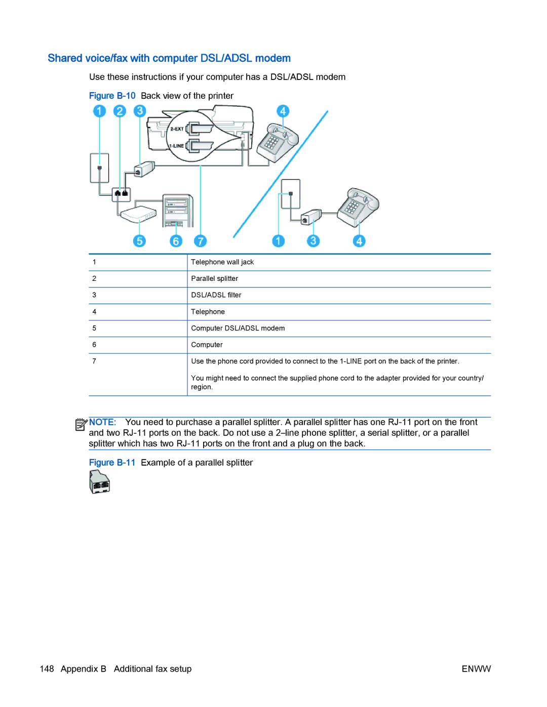 HP 4630 e manual Shared voice/fax with computer DSL/ADSL modem 