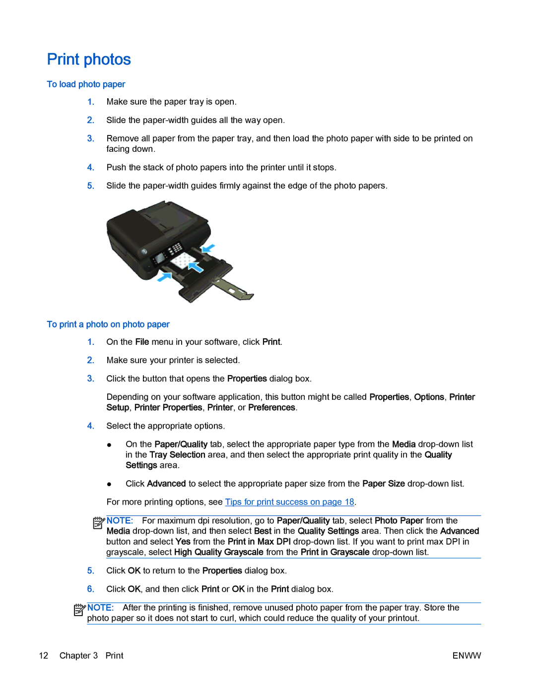 HP 4630 e manual Print photos, To load photo paper, To print a photo on photo paper 