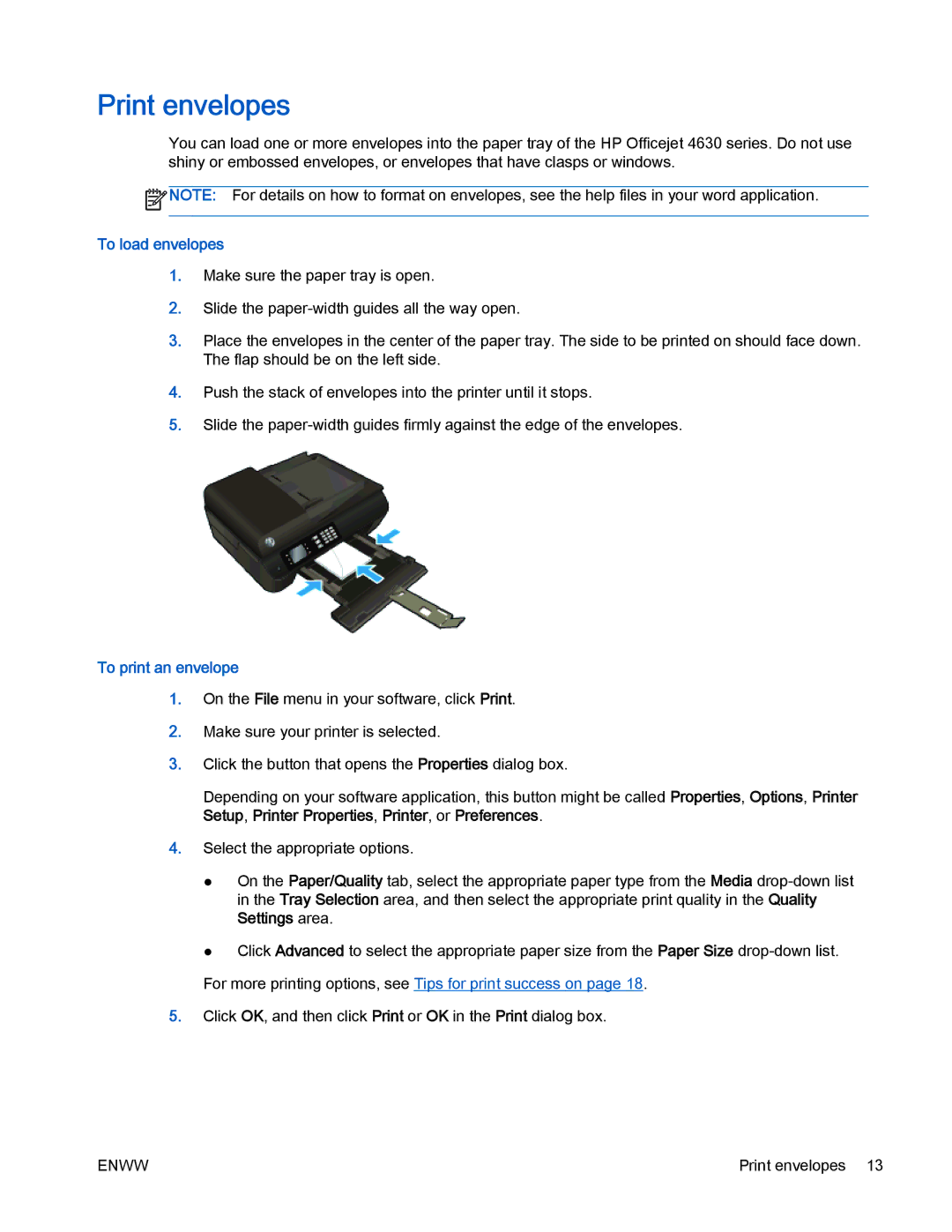 HP 4630 e manual Print envelopes, To load envelopes, To print an envelope 