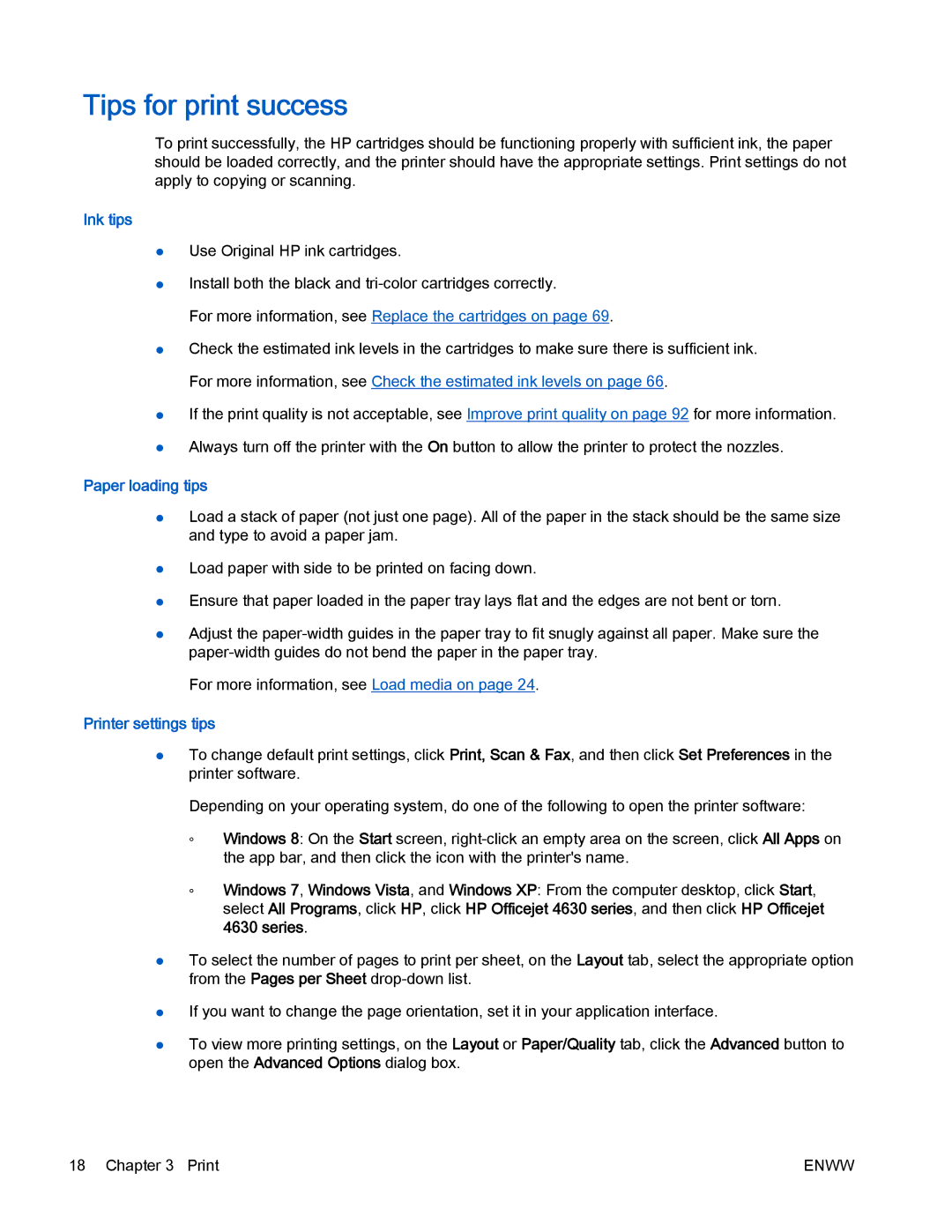 HP 4630 e manual Tips for print success, Ink tips, Paper loading tips, Printer settings tips 