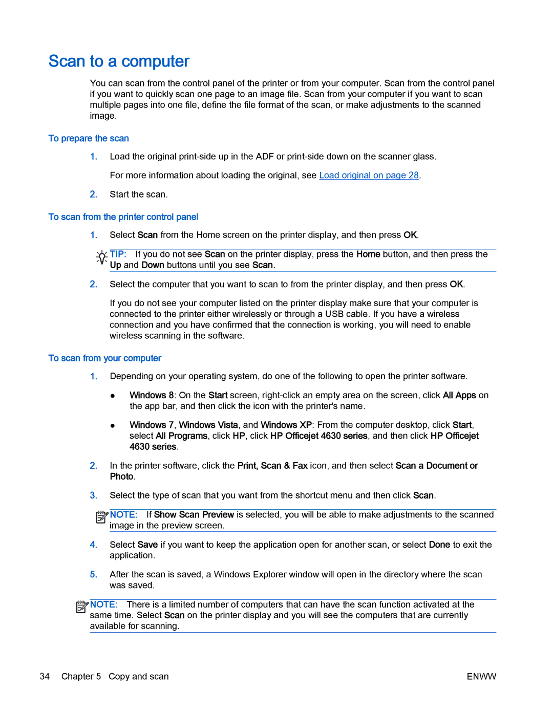 HP 4630 e Scan to a computer, To prepare the scan, To scan from the printer control panel, To scan from your computer 