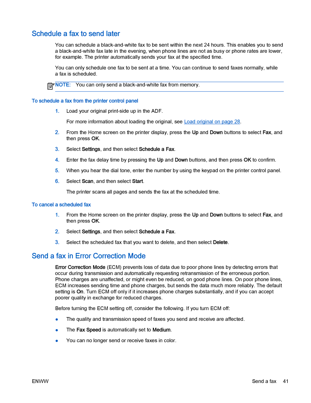 HP 4630 e manual Schedule a fax to send later, Send a fax in Error Correction Mode, To cancel a scheduled fax 