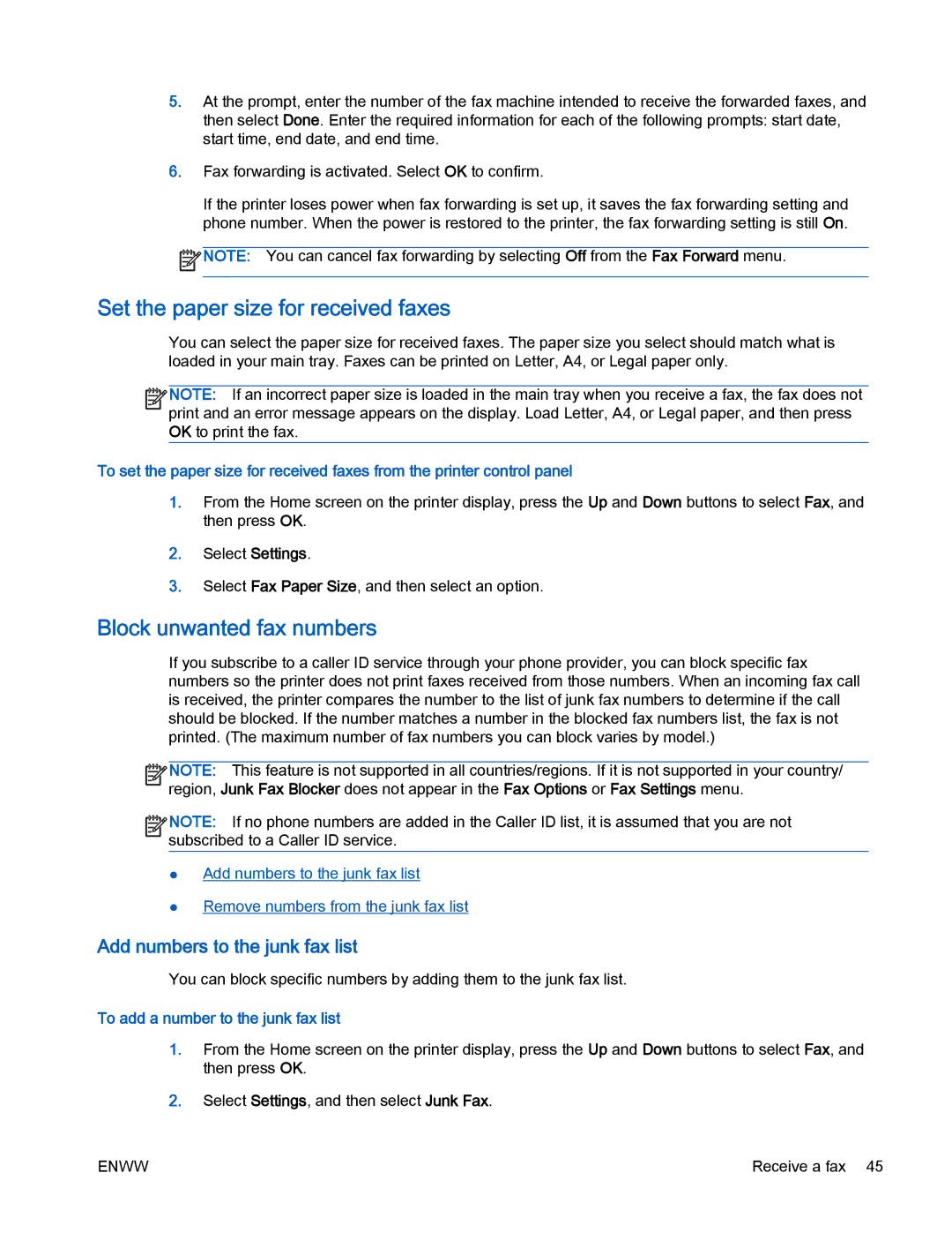 HP 4630 e manual Set the paper size for received faxes, Block unwanted fax numbers, To add a number to the junk fax list 