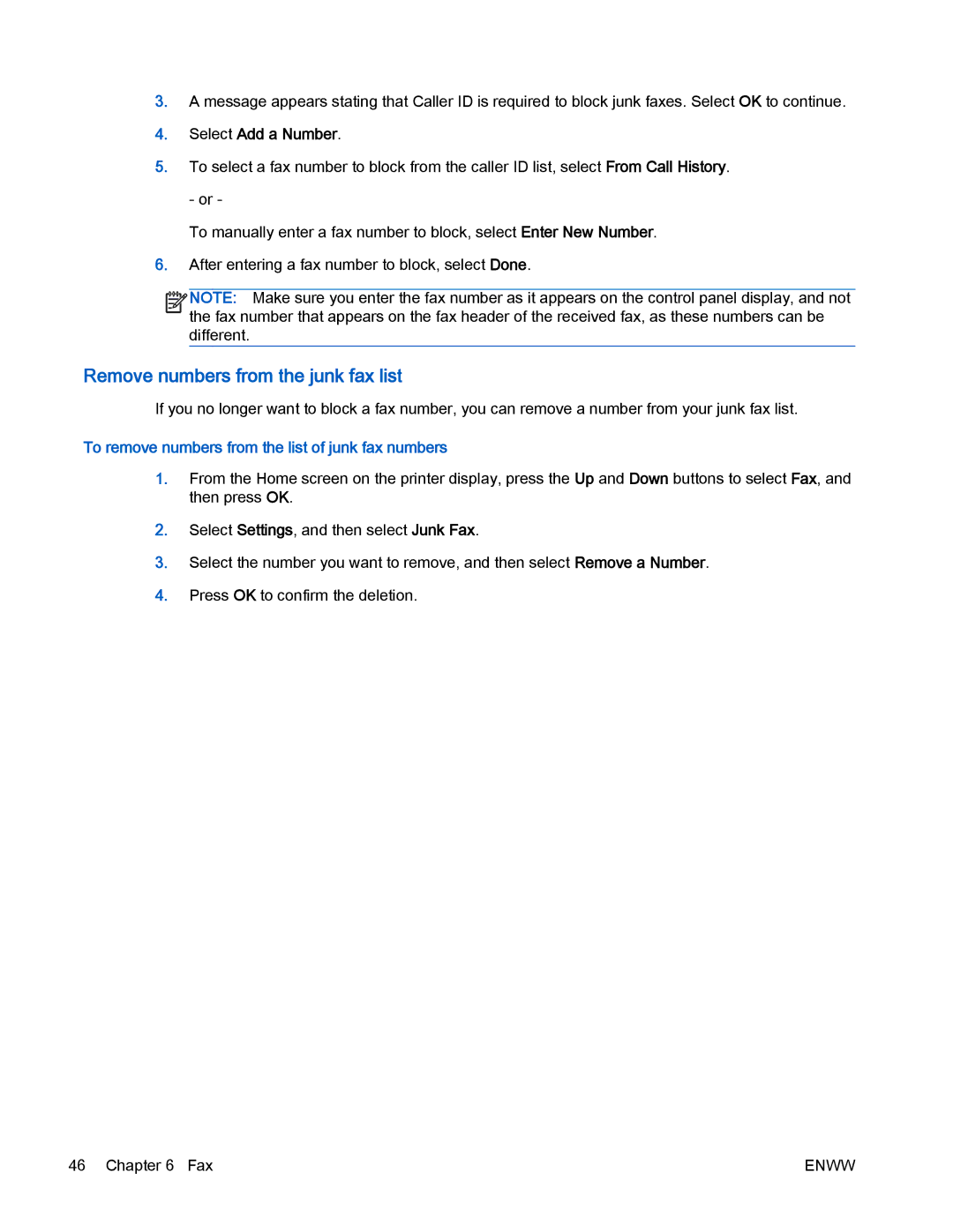 HP 4630 e manual Select Add a Number, To remove numbers from the list of junk fax numbers 