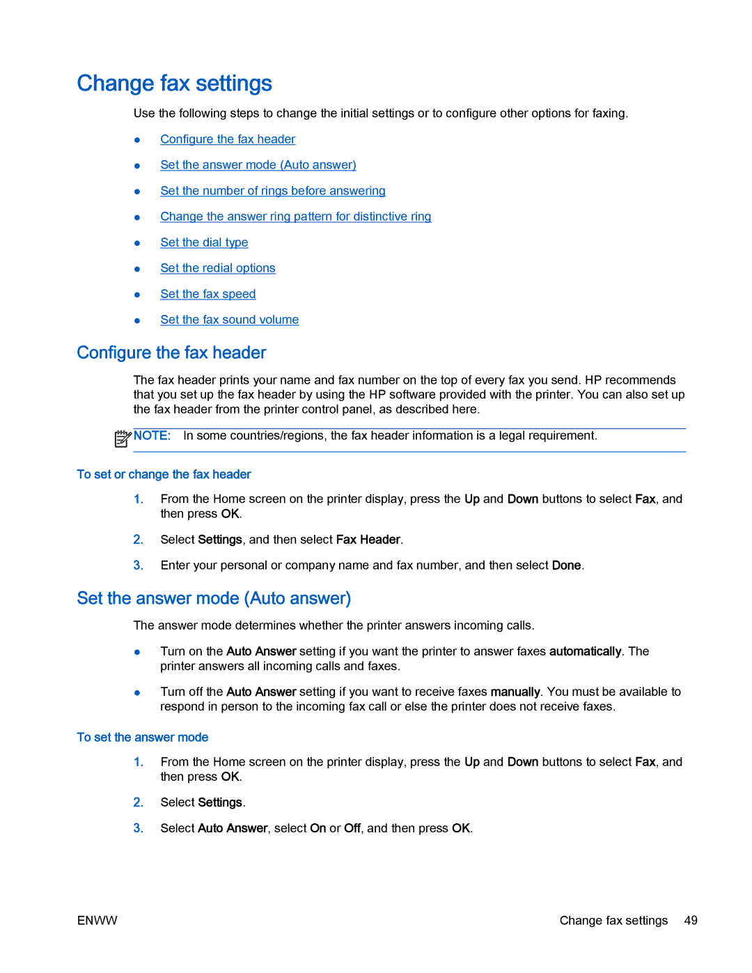 HP 4630 e Change fax settings, Configure the fax header, Set the answer mode Auto answer, To set or change the fax header 