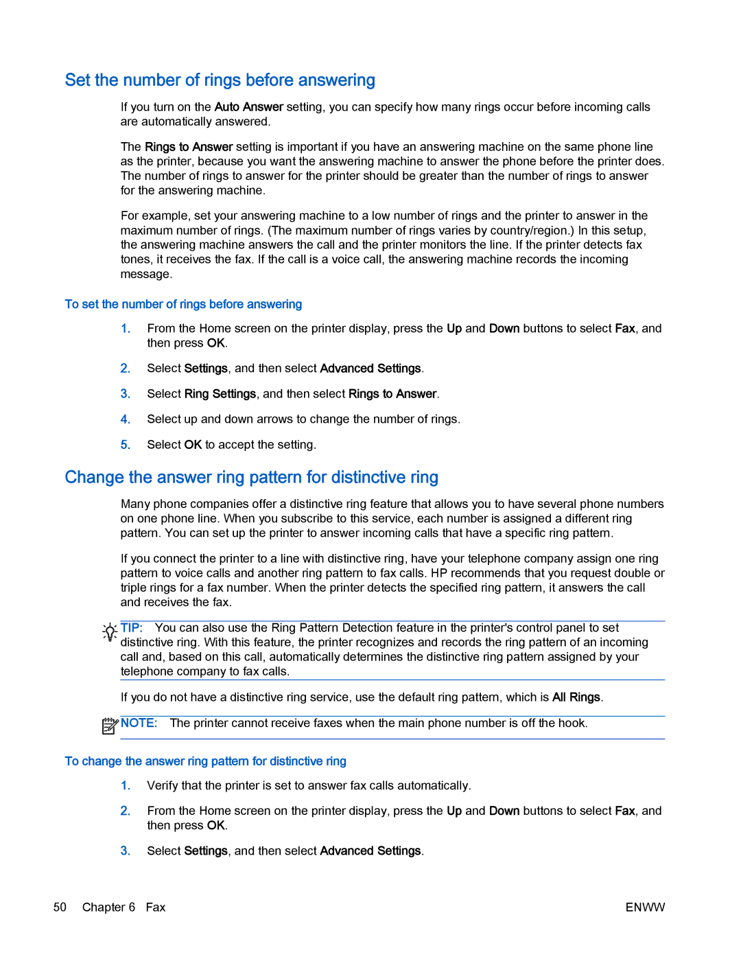 HP 4630 e manual Set the number of rings before answering, Change the answer ring pattern for distinctive ring 