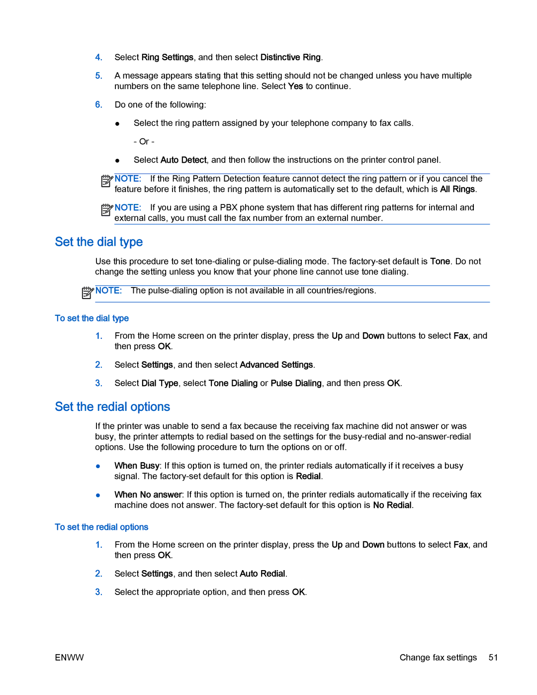 HP 4630 e manual Set the dial type, Set the redial options, To set the dial type, To set the redial options 