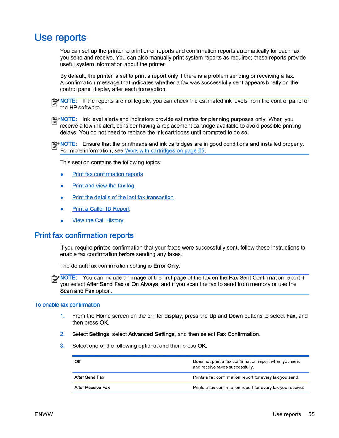 HP 4630 e manual Use reports, Print fax confirmation reports, To enable fax confirmation 