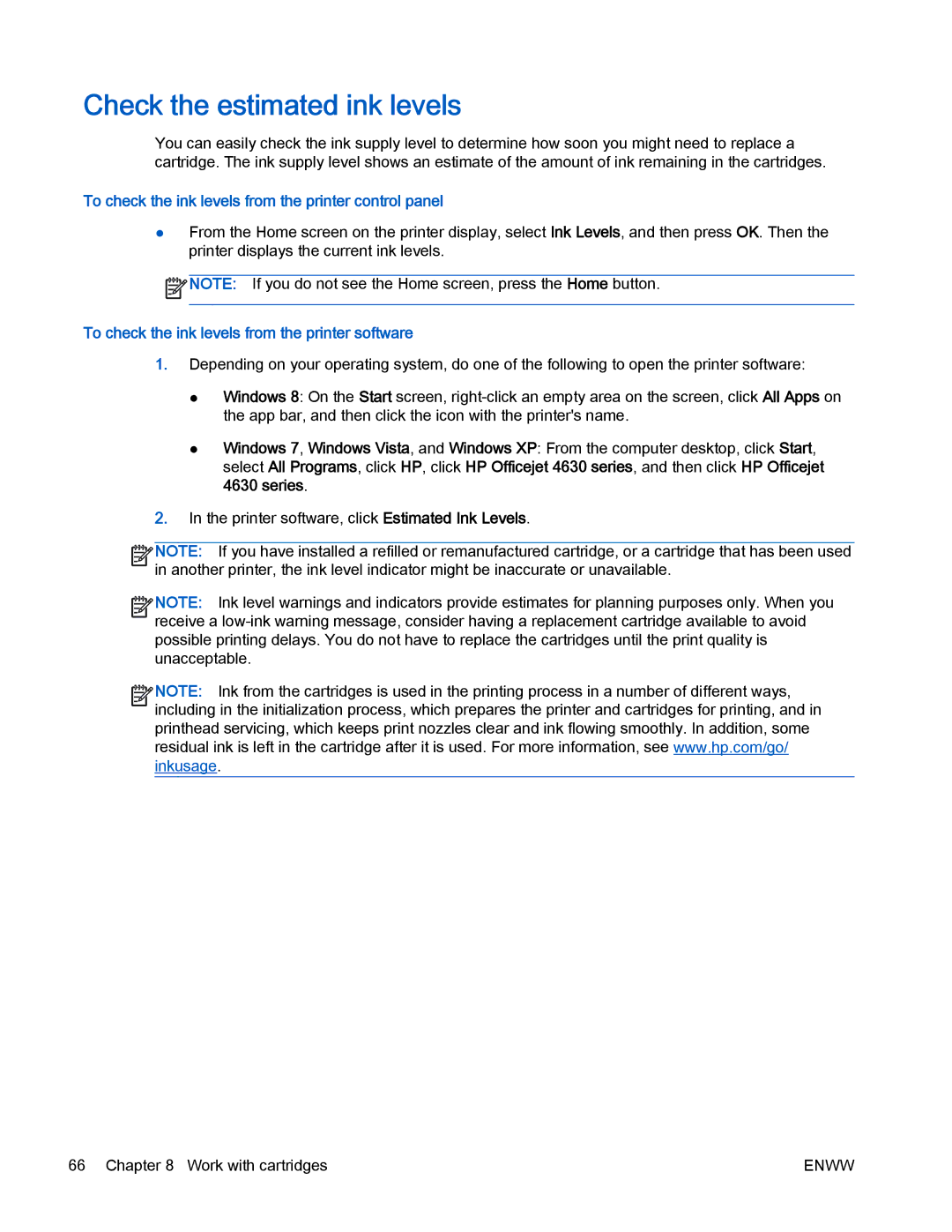 HP 4630 e manual Check the estimated ink levels, To check the ink levels from the printer control panel 
