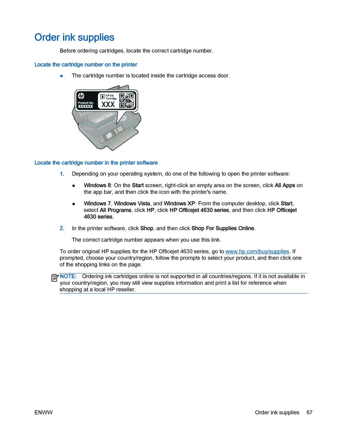 HP 4630 e manual Order ink supplies, Locate the cartridge number on the printer 