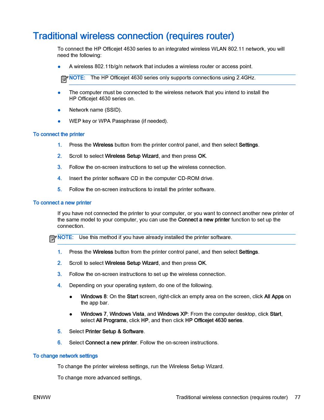 HP 4630 e manual Traditional wireless connection requires router, To connect the printer, To connect a new printer 