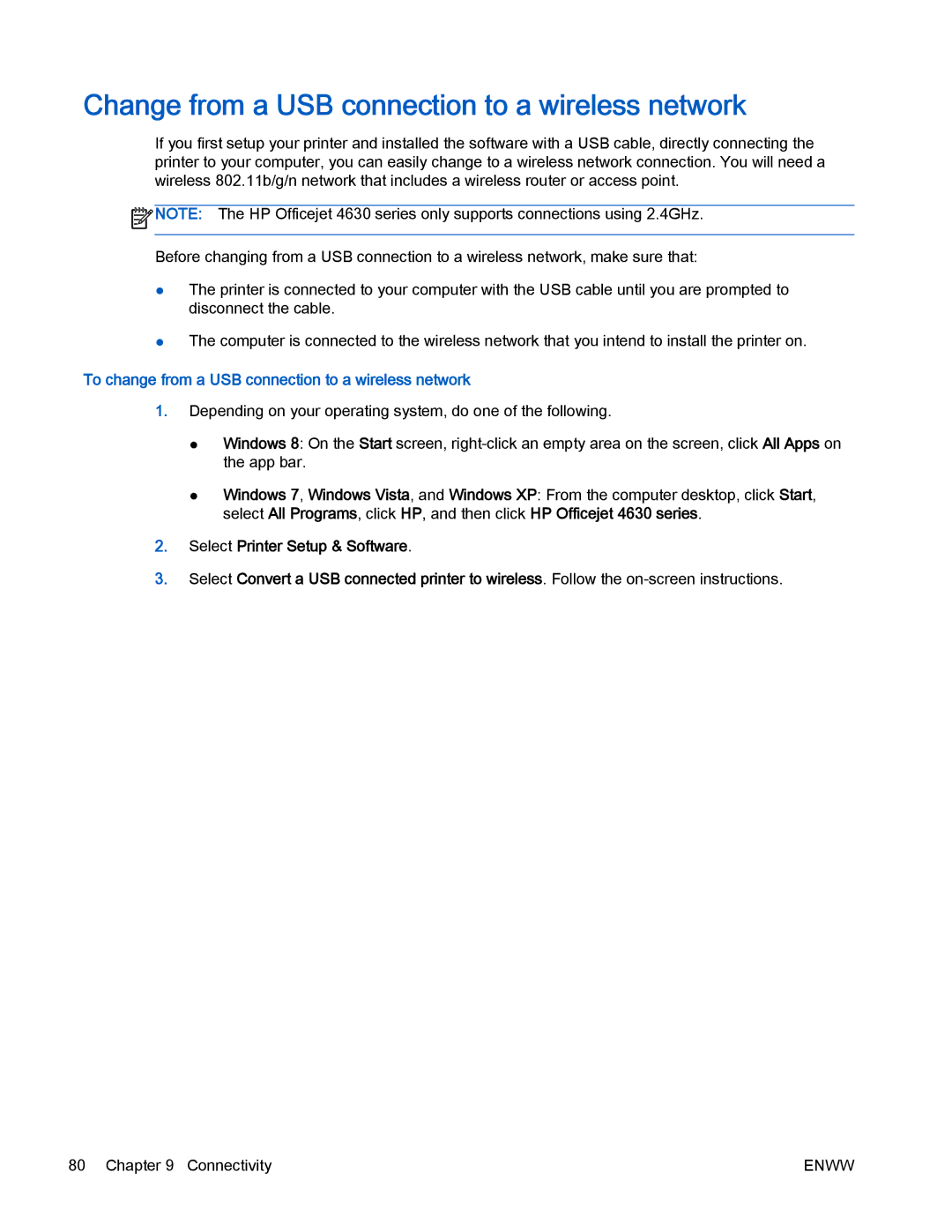 HP 4630 e manual Change from a USB connection to a wireless network, To change from a USB connection to a wireless network 