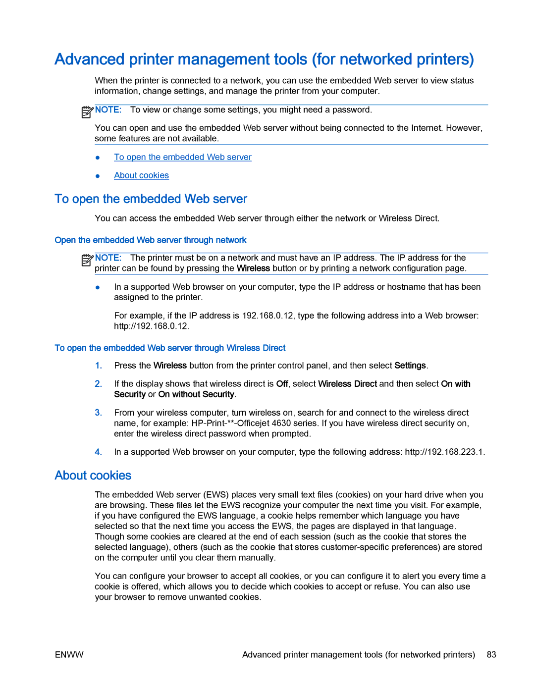 HP 4630 e manual Advanced printer management tools for networked printers, To open the embedded Web server, About cookies 