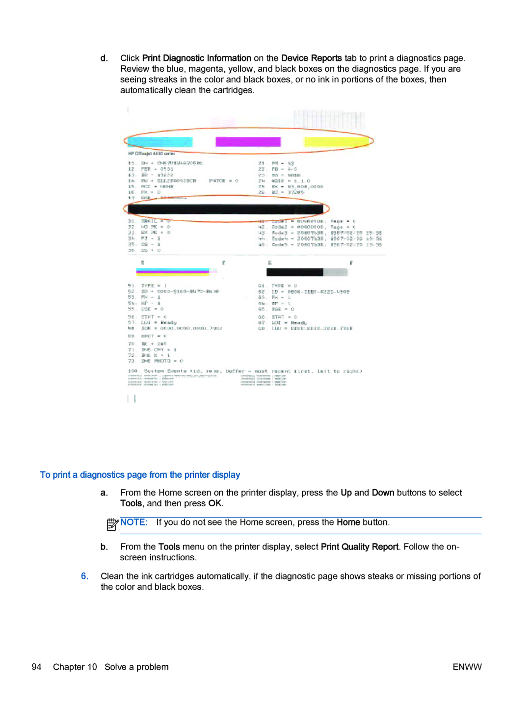 HP 4635, 4632 manual To print a diagnostics page from the printer display 