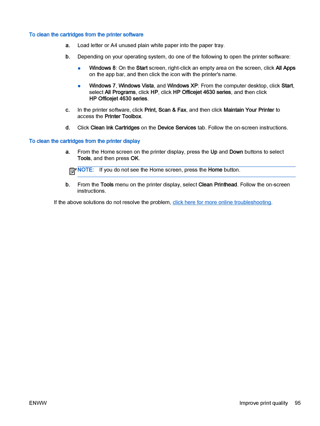 HP 4632, 4635 manual To clean the cartridges from the printer software, To clean the cartridges from the printer display 