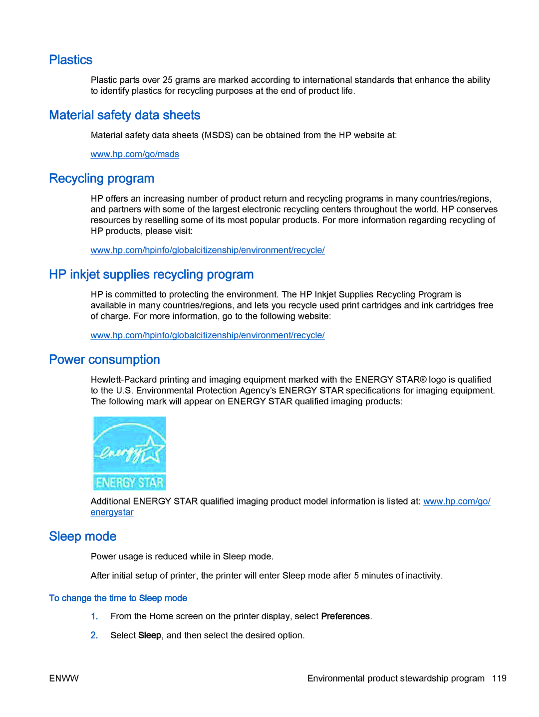 HP 4632 Plastics, Material safety data sheets, Recycling program, HP inkjet supplies recycling program, Power consumption 