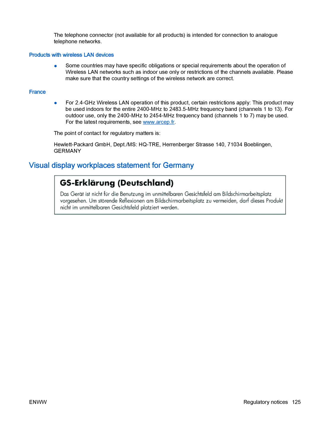 HP 4632, 4635 manual Visual display workplaces statement for Germany, Products with wireless LAN devices, France 