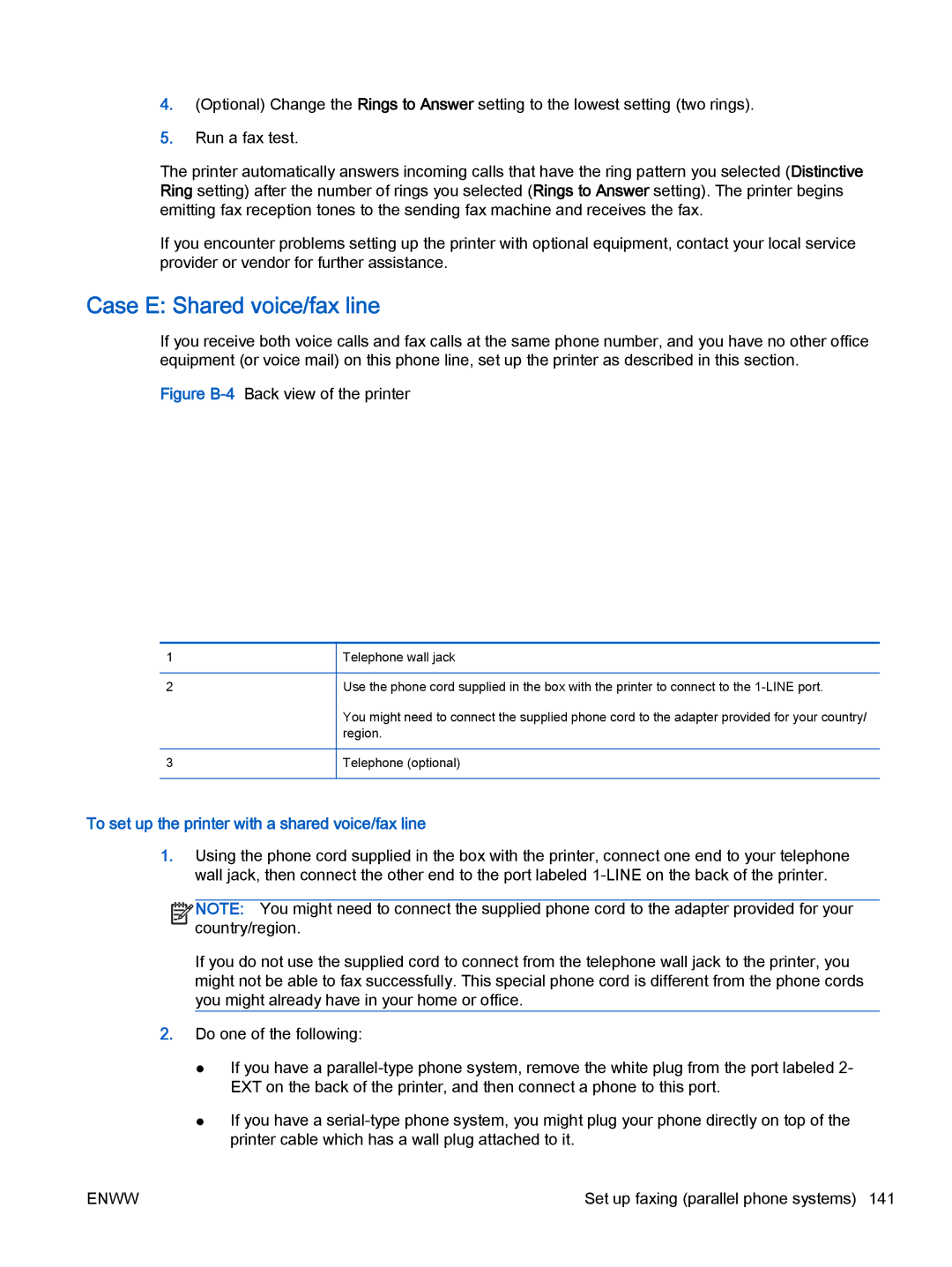 HP 4632, 4635 manual Case E Shared voice/fax line, To set up the printer with a shared voice/fax line 