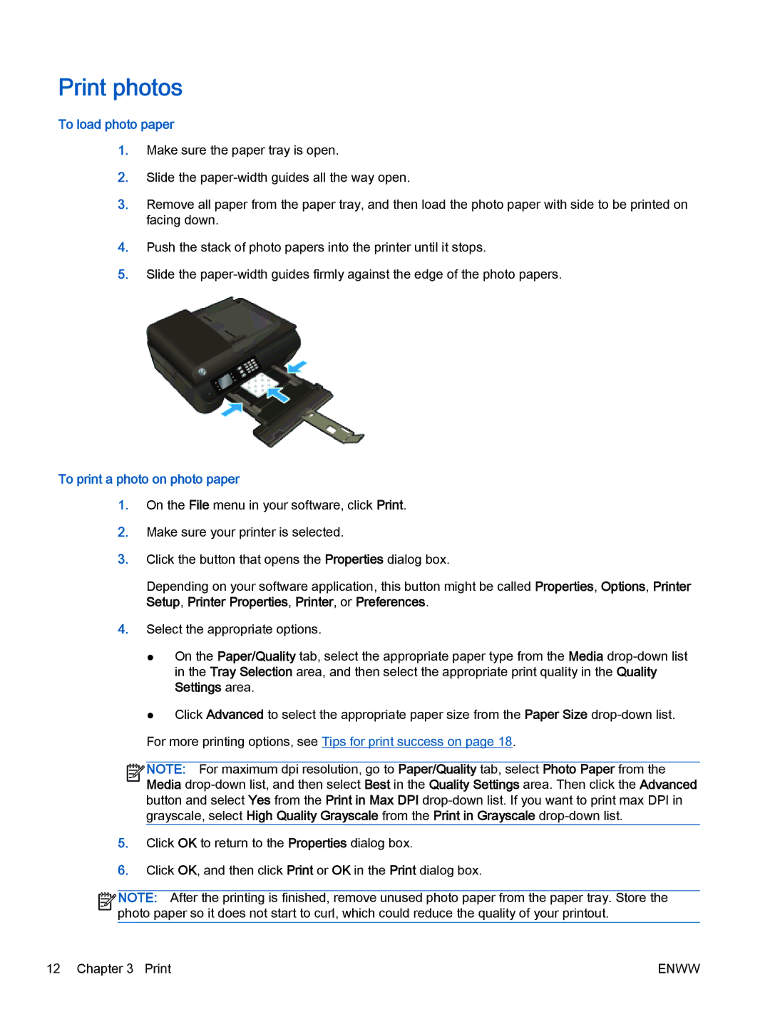 HP 4635, 4632 manual Print photos, To load photo paper, To print a photo on photo paper 