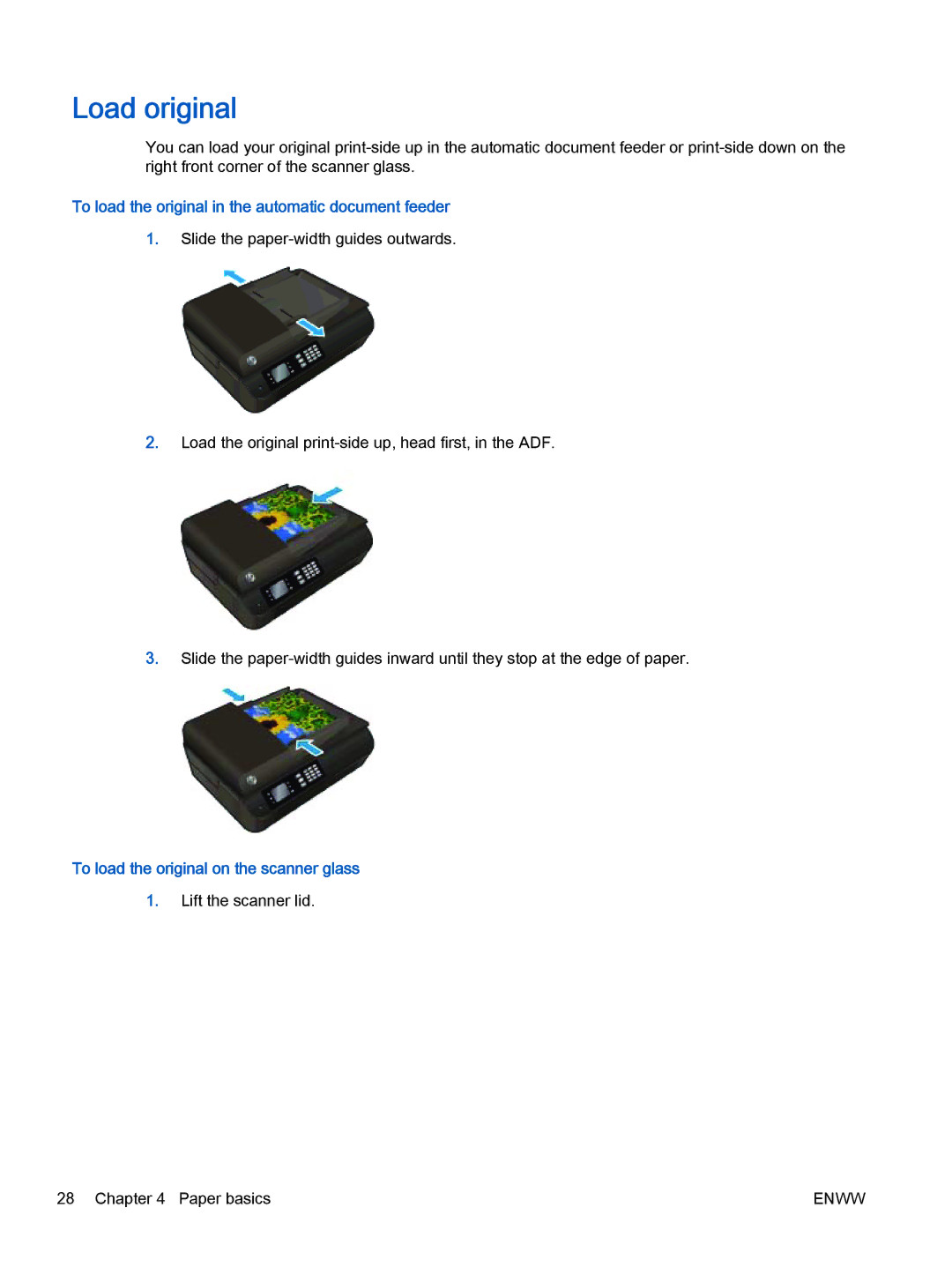 HP 4635 Load original, To load the original in the automatic document feeder, To load the original on the scanner glass 