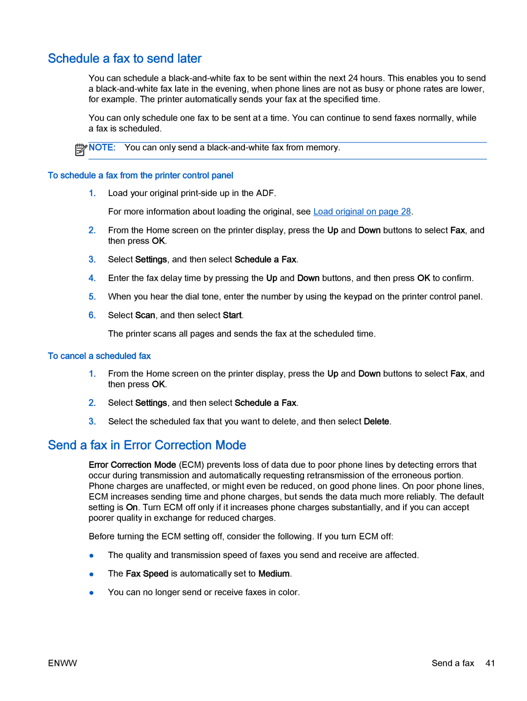 HP 4632, 4635 manual Schedule a fax to send later, Send a fax in Error Correction Mode, To cancel a scheduled fax 