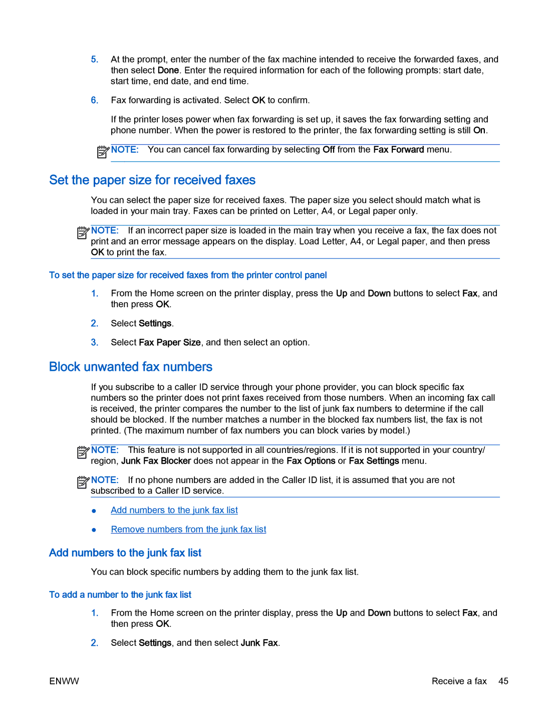 HP 4632, 4635 manual Set the paper size for received faxes, Block unwanted fax numbers, To add a number to the junk fax list 