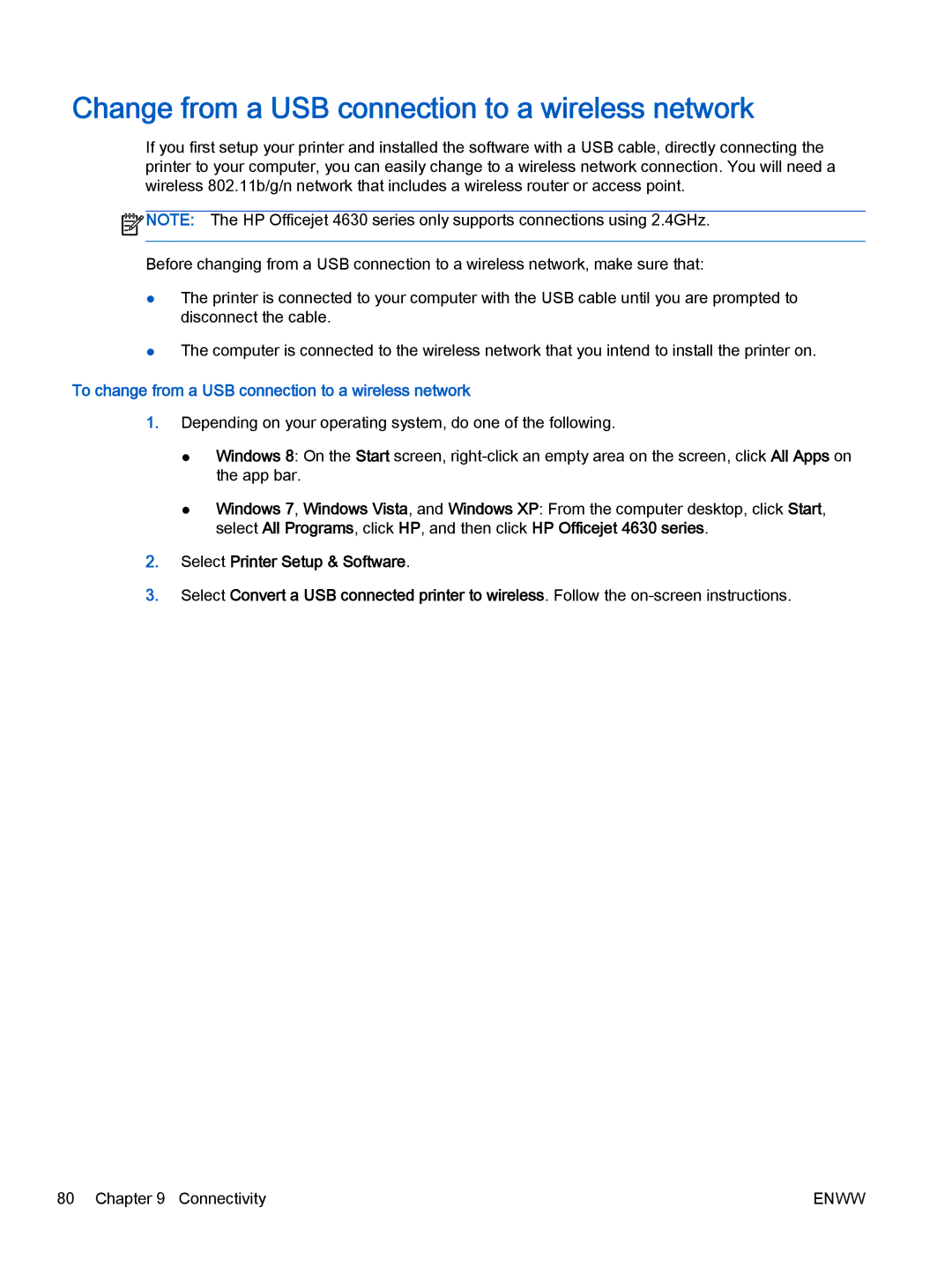 HP 4635, 4632 Change from a USB connection to a wireless network, To change from a USB connection to a wireless network 