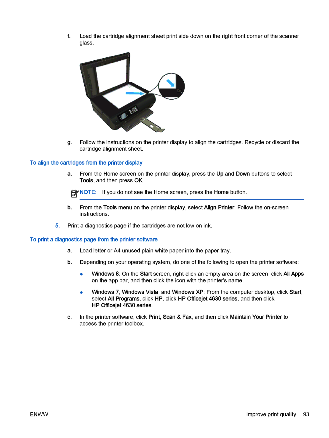 HP 4632, 4635 manual To align the cartridges from the printer display, To print a diagnostics page from the printer software 