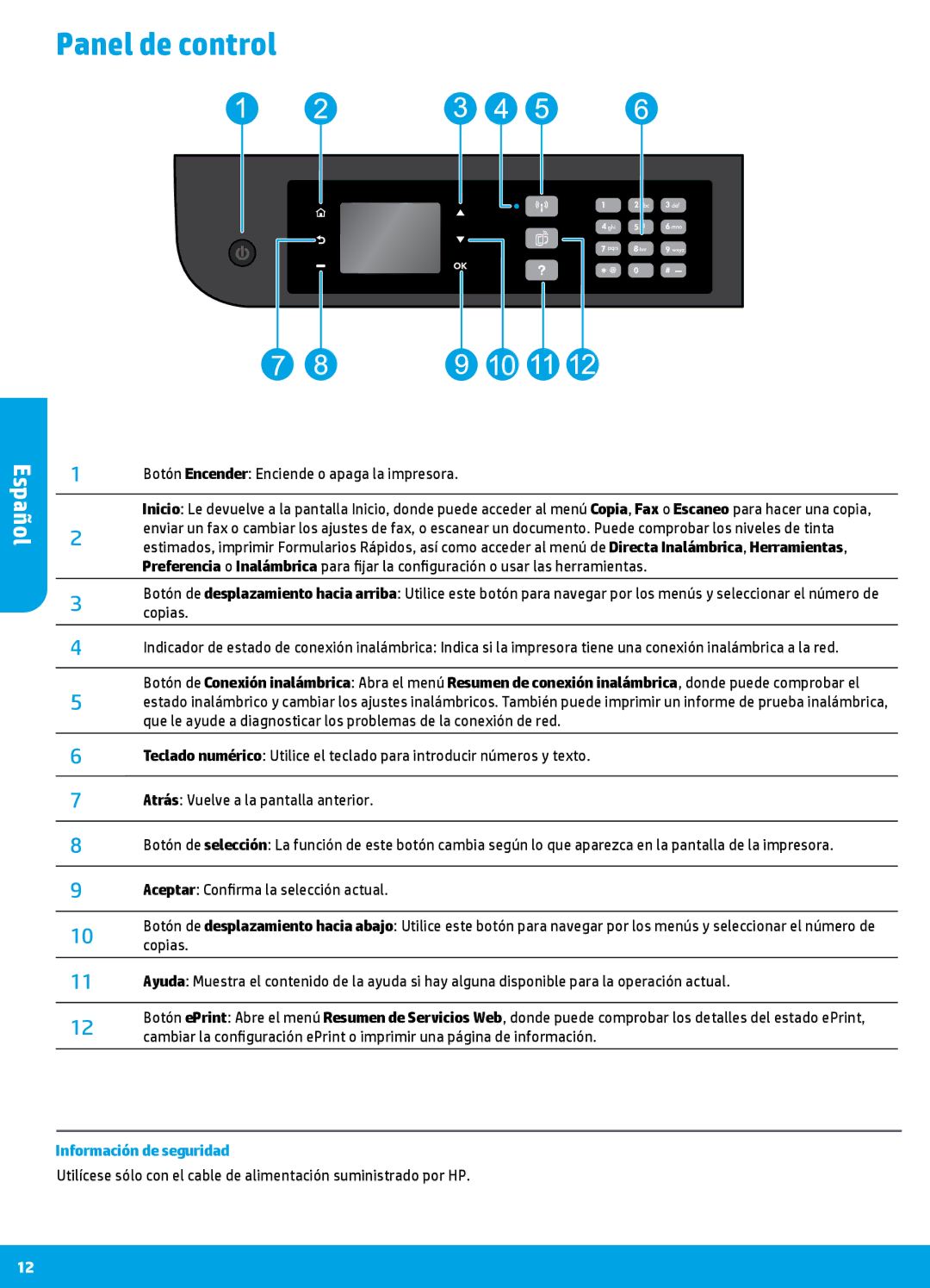 HP 4635 manual Panel de control, Información de seguridad 