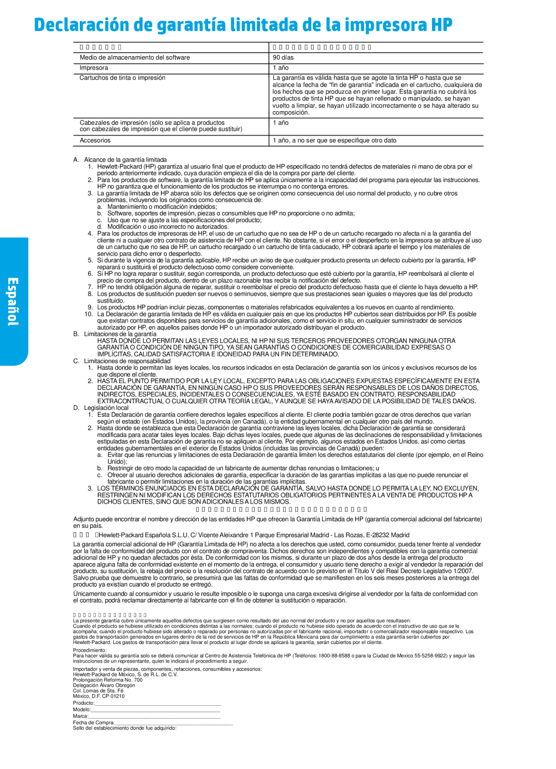 HP 4635 manual Declaración de garantía limitada de la impresora HP, Producto HP Duración de la garantía limitada 