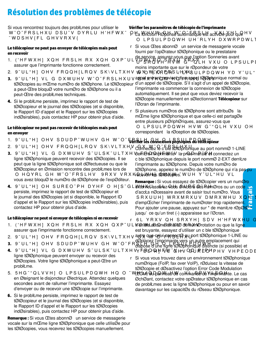 HP 4635 manual Résolution des problèmes de télécopie, Vérifiez les connexions physiques du télécopieur 