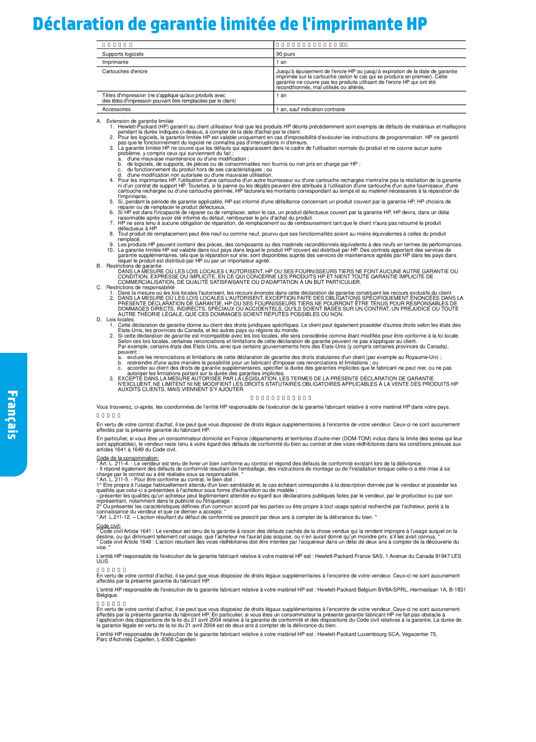 HP 4635 manual Déclaration de garantie limitée de limprimante HP, Produit HP Durée de la garantie limitée 