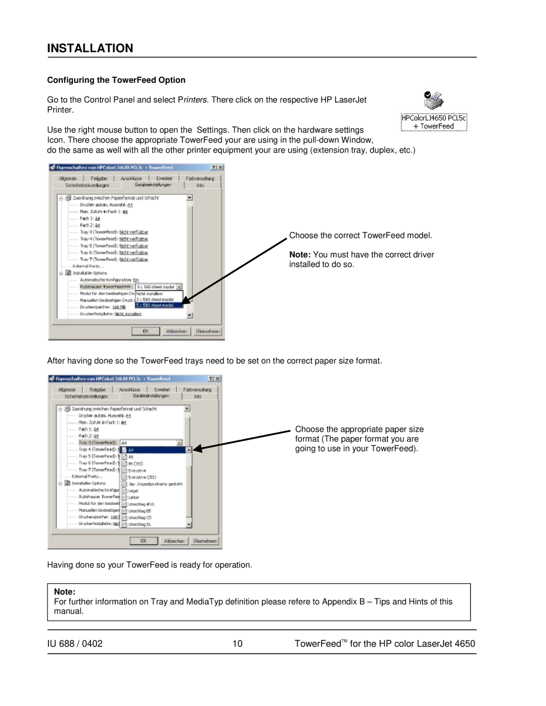 HP 4650 manual Configuring the TowerFeed Option 