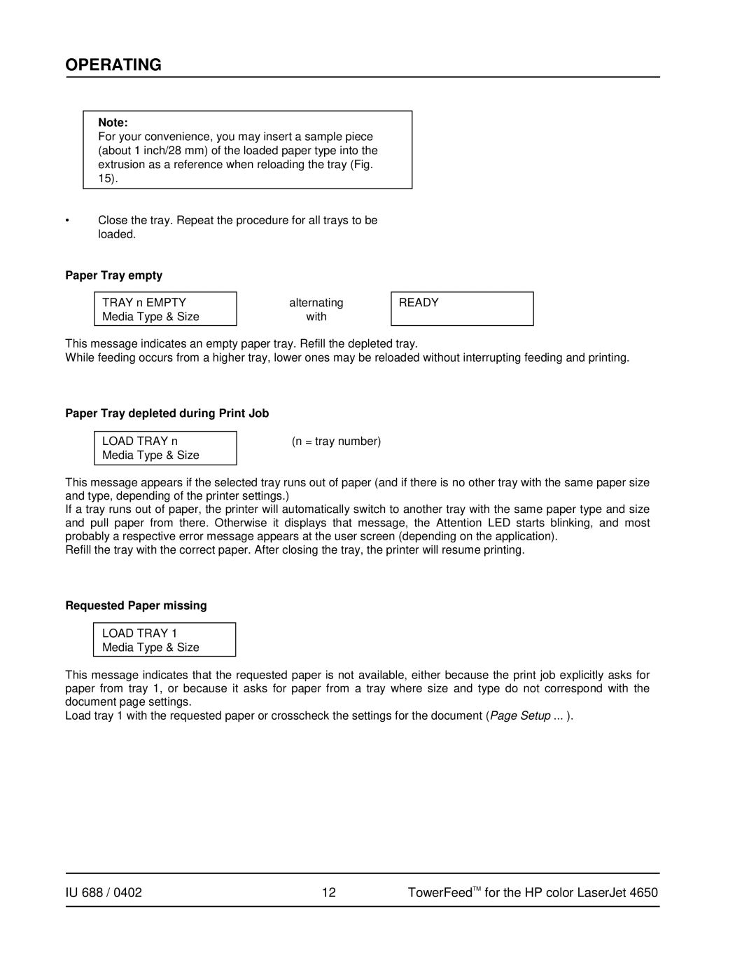 HP 4650 manual Paper Tray empty, Paper Tray depleted during Print Job, Requested Paper missing 