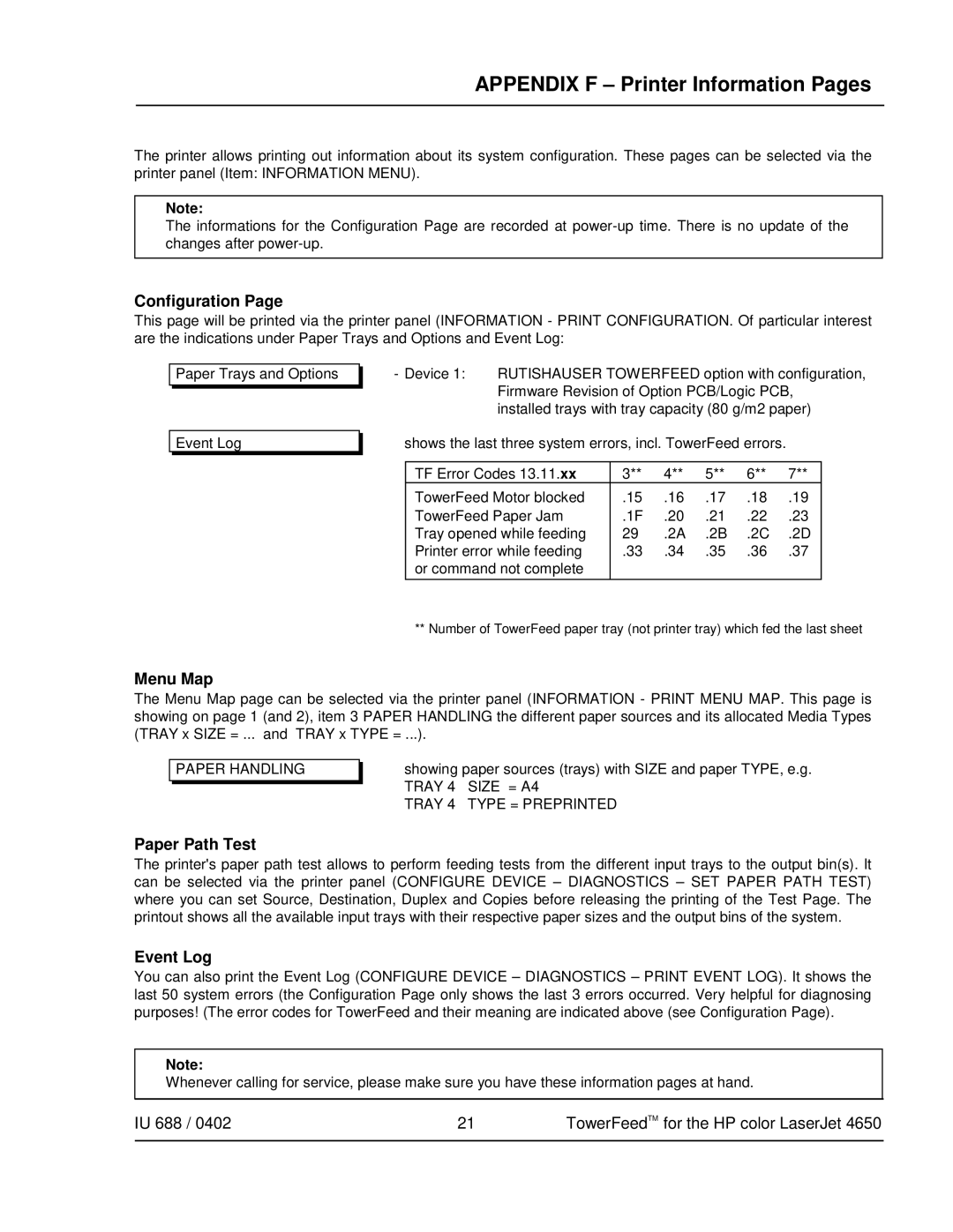 HP 4650 manual Appendix F Printer Information Pages, Configuration 