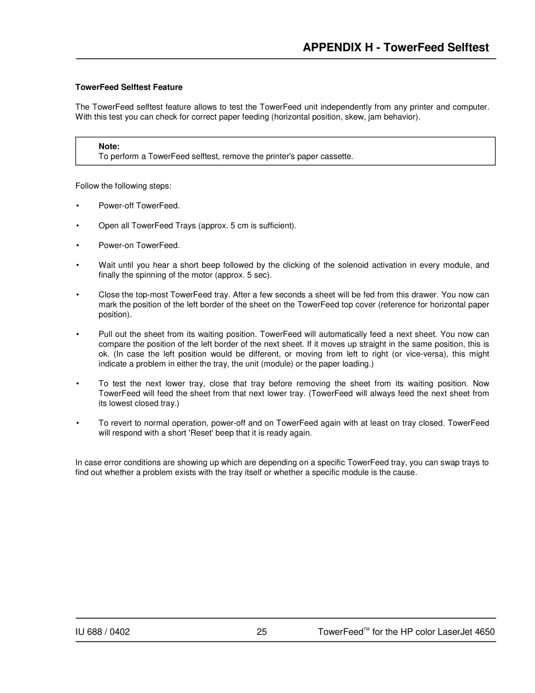 HP 4650 manual Appendix H TowerFeed Selftest, TowerFeed Selftest Feature 