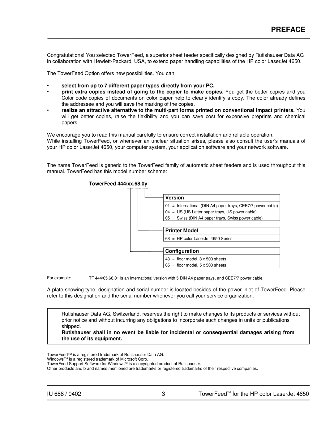 HP 4650 manual Preface, TowerFeed 444/xx.68.0y Version, Printer Model, Configuration 