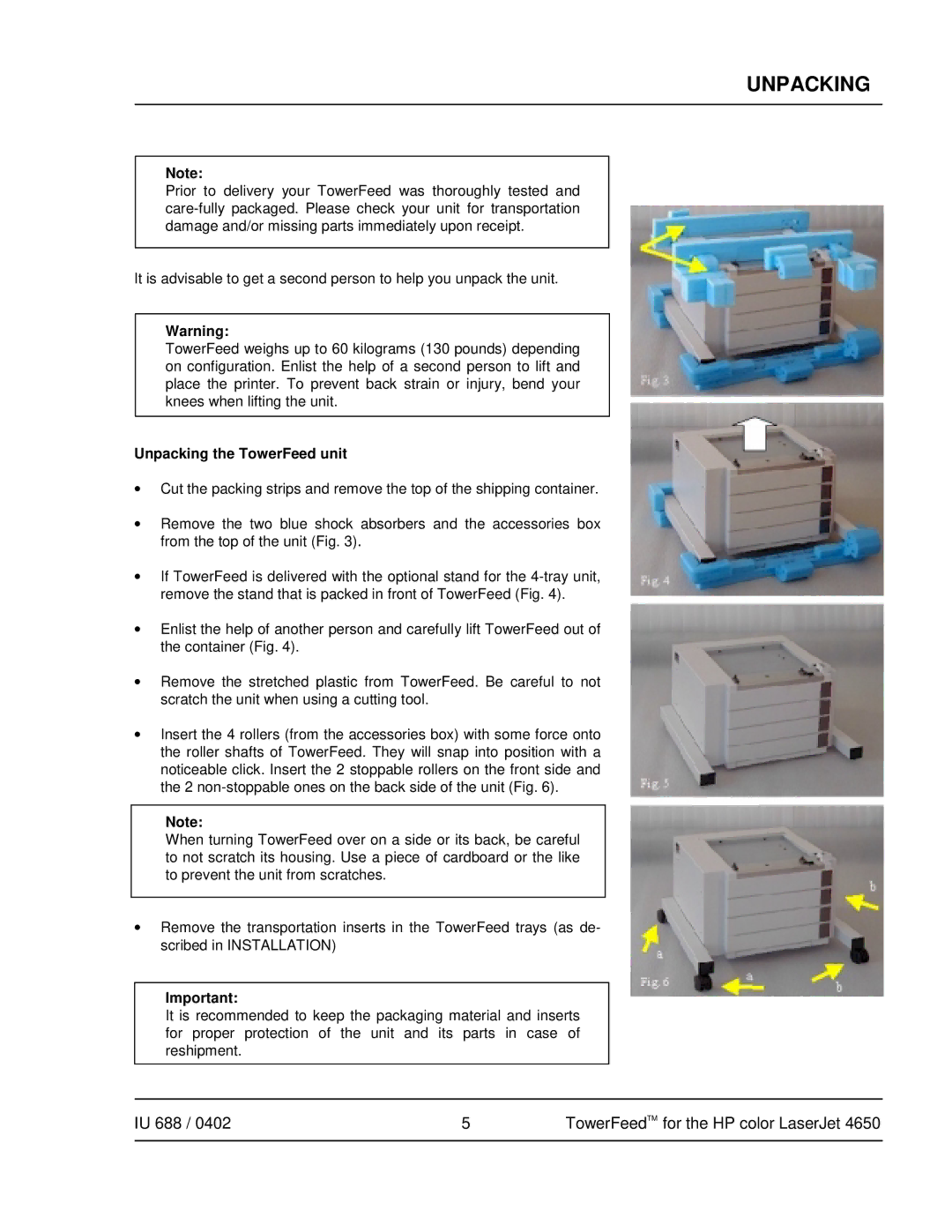 HP 4650 manual Unpacking the TowerFeed unit 