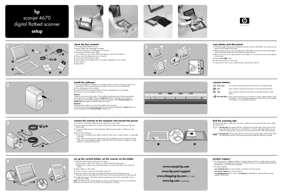 HP 4670 manual Scanjet Digital flatbed scanner Setup 