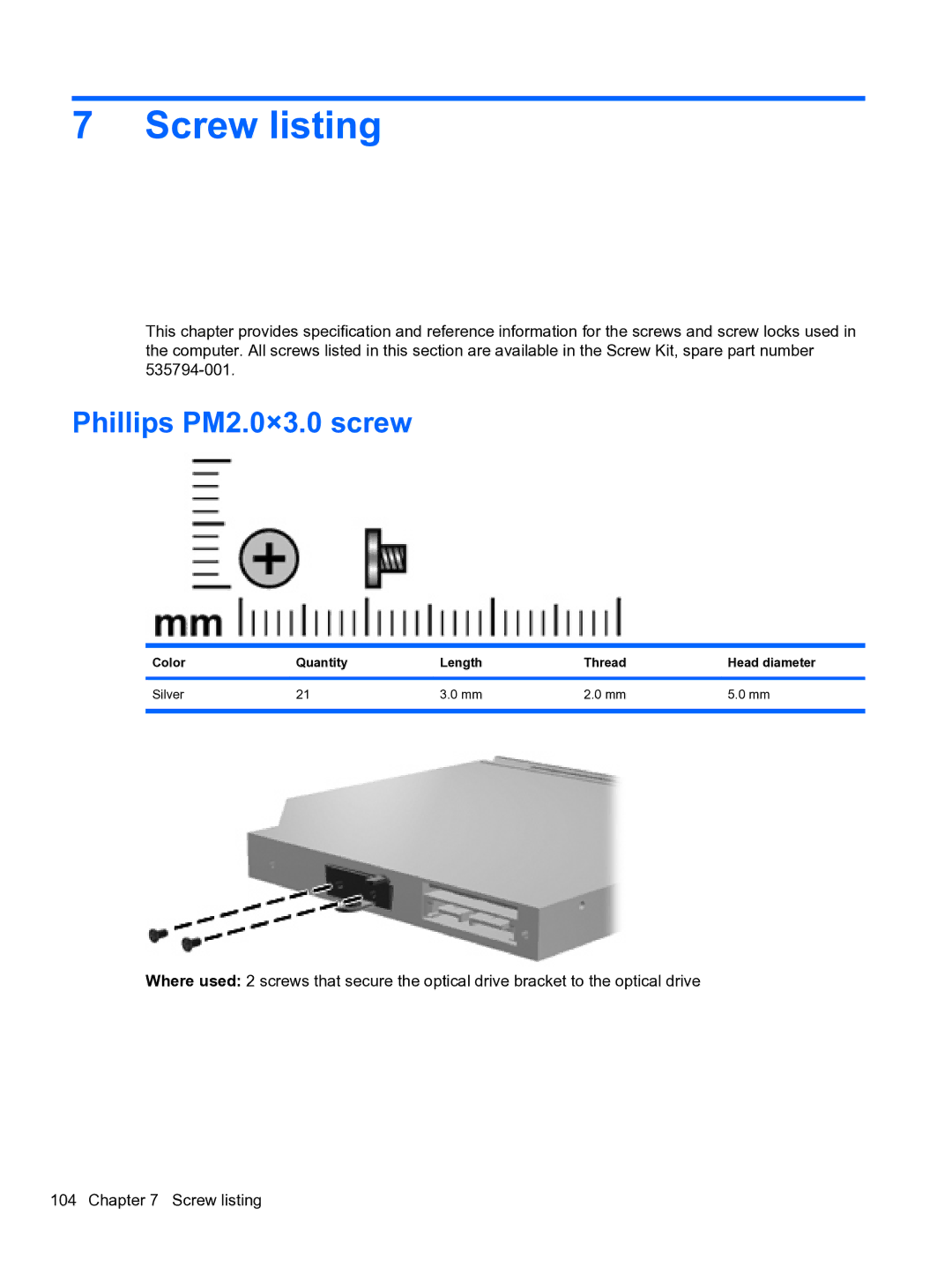 HP 4710S manual Screw listing, Phillips PM2.0×3.0 screw, Color Quantity Length Thread Head diameter Silver 