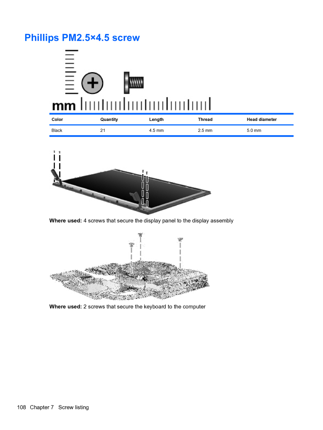 HP 4710S manual Phillips PM2.5×4.5 screw, Color Quantity Length Thread Head diameter Black 