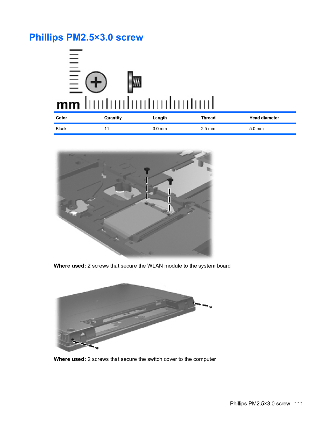 HP 4710S manual Phillips PM2.5×3.0 screw, Color Quantity Length Thread Head diameter Black 