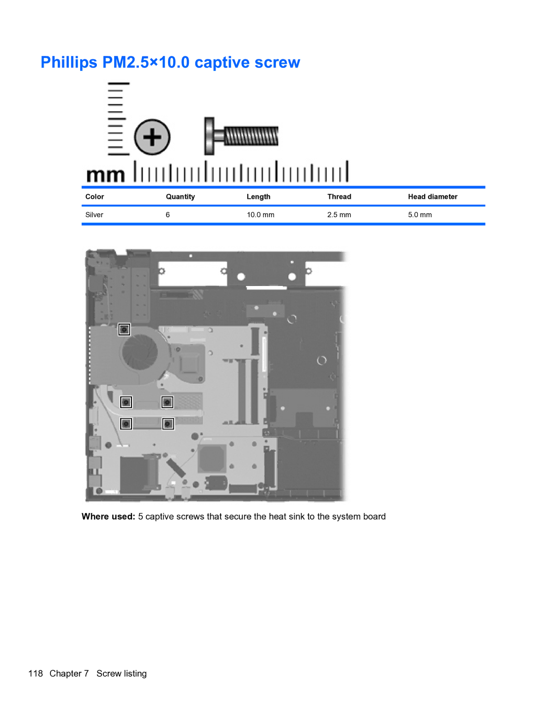 HP 4710S manual Phillips PM2.5×10.0 captive screw, Color Quantity Length Thread Head diameter Silver 10.0 mm 