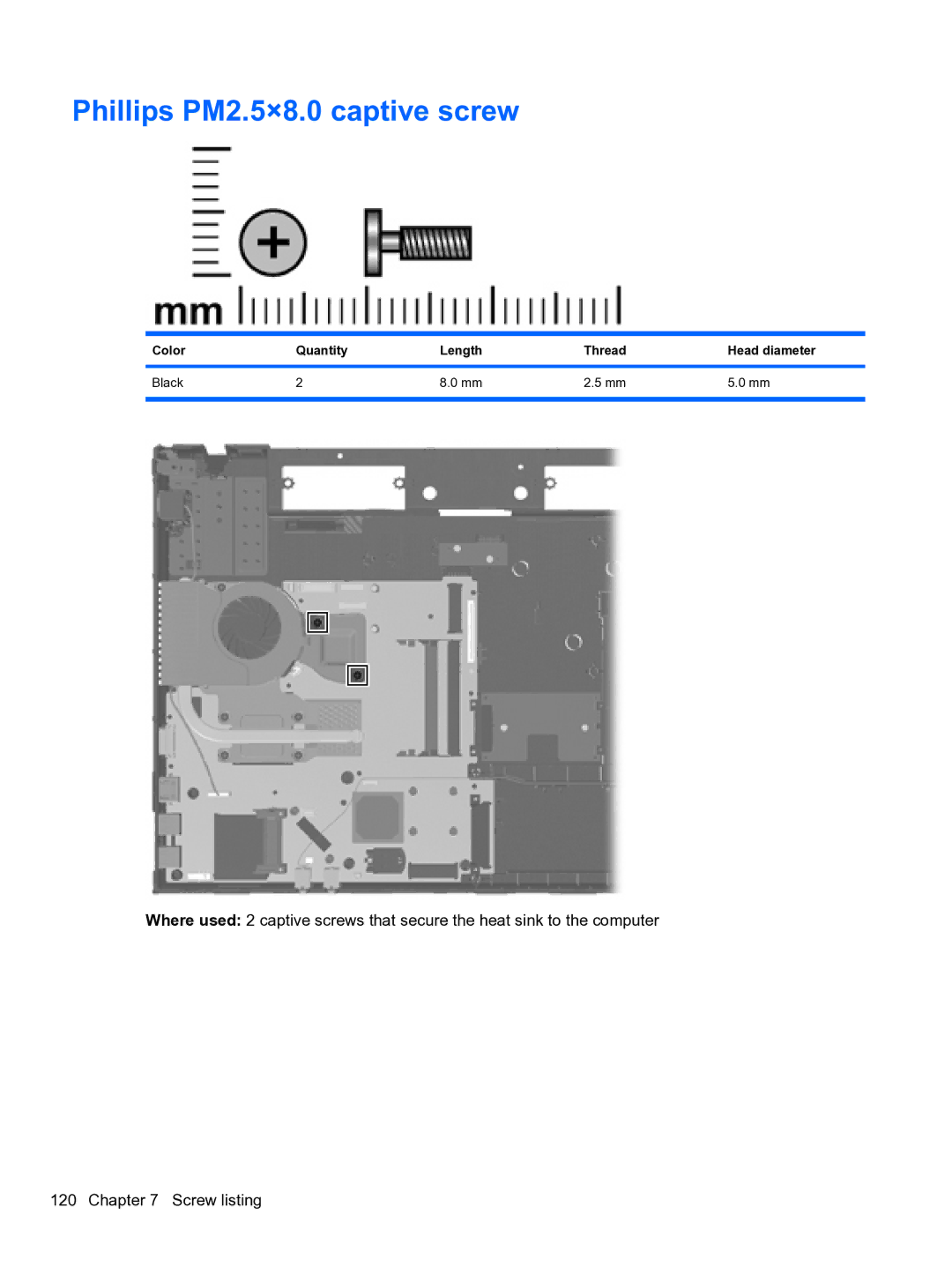 HP 4710S manual Phillips PM2.5×8.0 captive screw, Color Quantity Length Thread Head diameter Black 