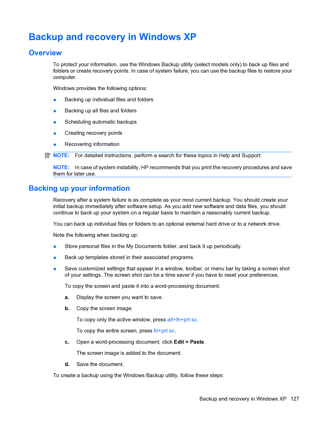 HP 4710S manual Backup and recovery in Windows XP, Overview 