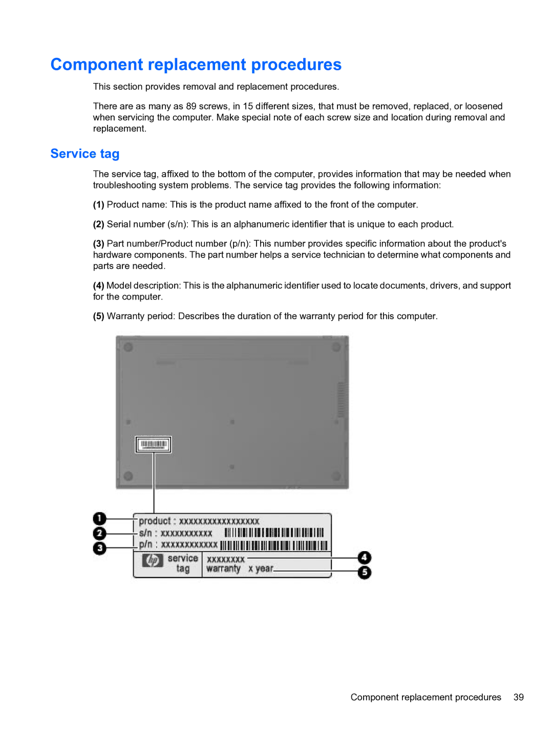 HP 4710S manual Component replacement procedures, Service tag 